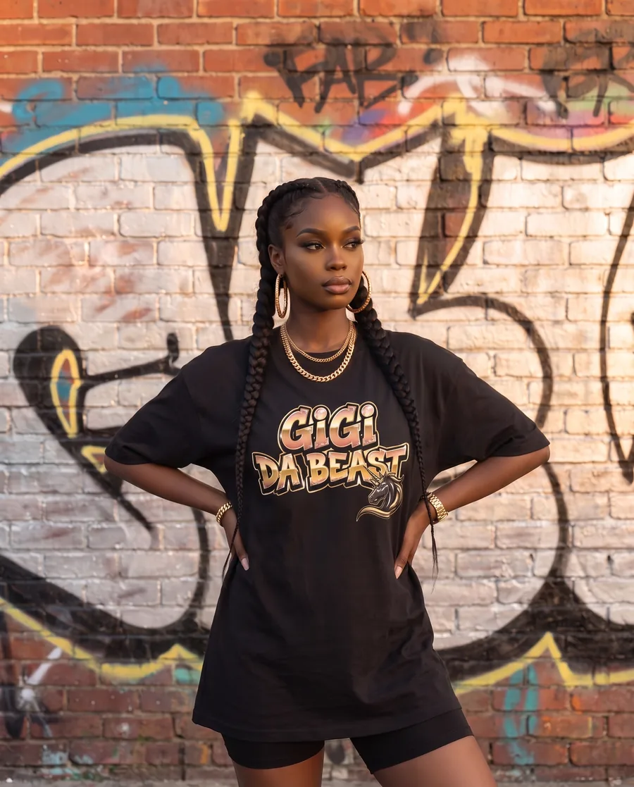 Model wearing the black Gigi Da Beast tee with the gold logo